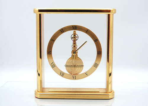 Jaeger LeCoultre Skeleton Baguette Clock, c 1960, Gold Plated Brass and Glass