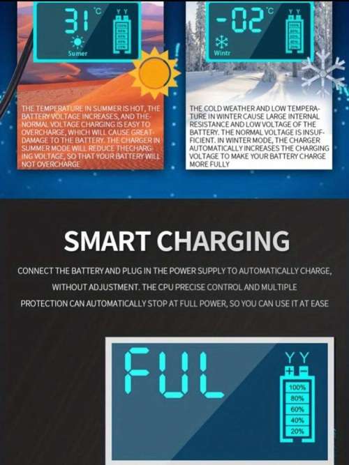 12V Intelligent Battery Charger, voltage and temperature detection, auto stop, cooling fan