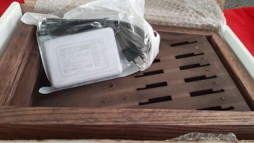Solid Wood Charge Box, 6 port Smart Charge, 2 prong AC plug,  keys compartment