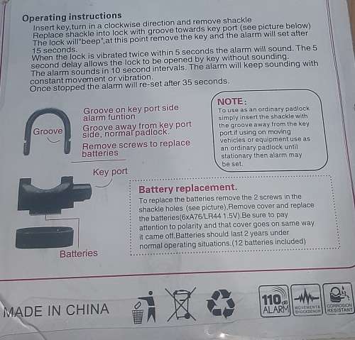 *New* Alarm Lock anti-theft, waterproof, includes 2 sets batteries (please read description)
