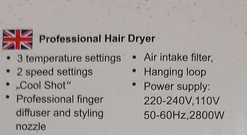 2800W Hairdryer with Nozzle, 3 temperature settings, 2 speed settings, Cool Shot, Air intake Filter