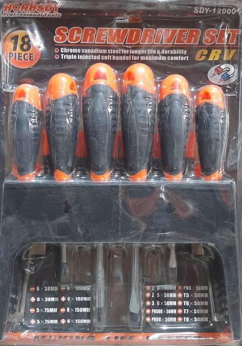 18 Piece Screwdriver Set, CRV, flat and star, sizes 38mm-150mm