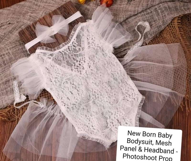 3Pc Newborn Bodysuit, mesh panel (tutu) and headband, photoshoot outfit, baby christening outfit