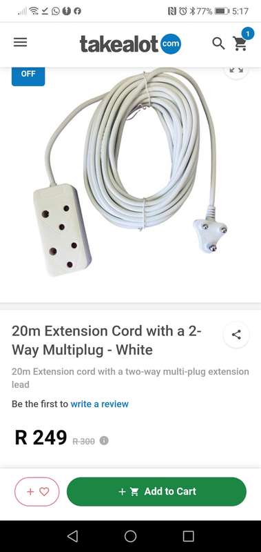 20m Extension Cord with a 2-Way Multiplug - White (Takealot price R250)