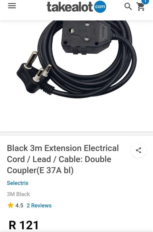 3M Extension cord black, 2Way Socket(Takealot price R121)