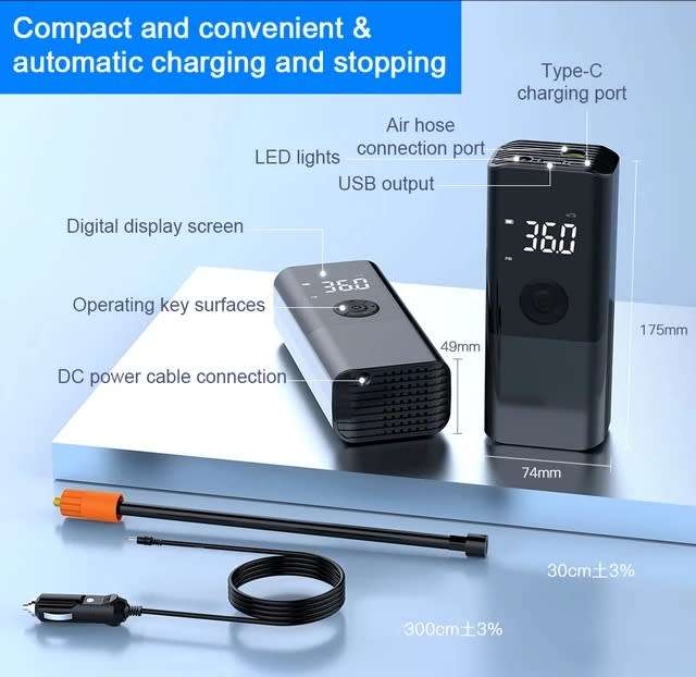Car air pump, LED digital display, real-time display current tyre pressure, with LED flashlight