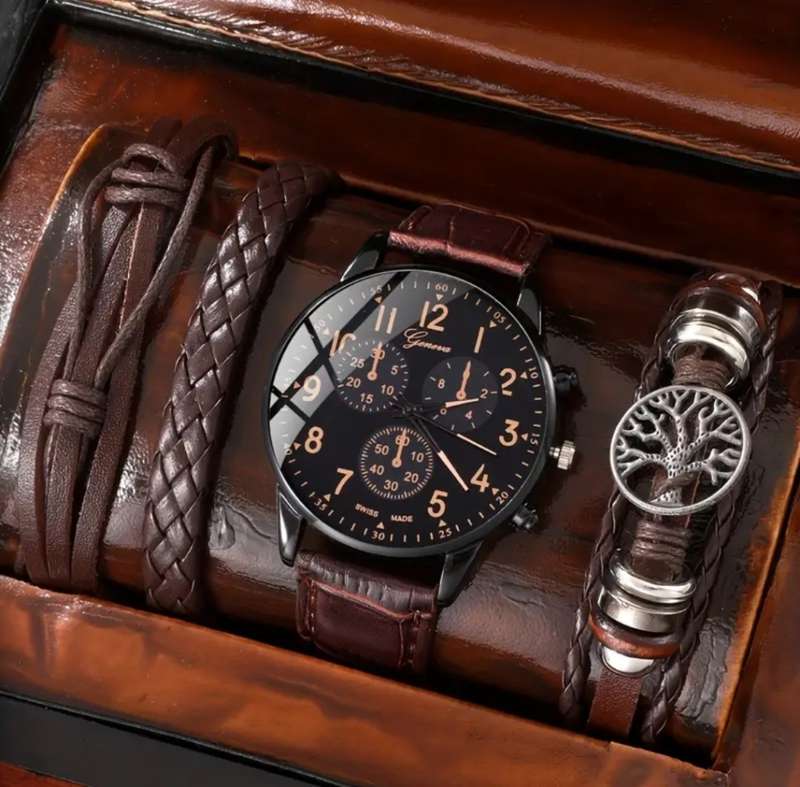 4pcs/set, Men's Stylish Dial Quartz Watch And Bracelet Set, available in brown or black