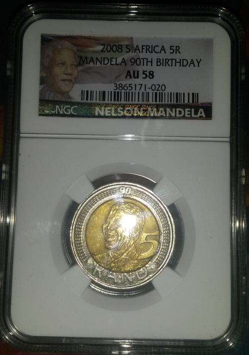 MANDELA 90TH BIRTHDAY | R5 | AU58 | NEW COLOUR LABEL | NGC