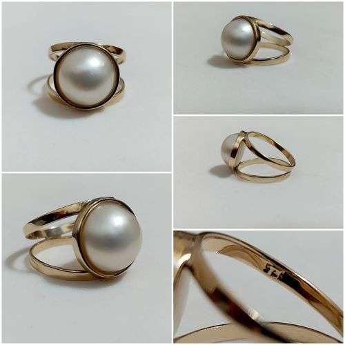R1 Start!!! 9ct Solid Yellow Gold Large Marbie Pearl ,Double band ,Solitaire Style Ring.