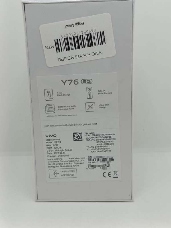 Vivo Y76 5g Cellphone, Brand New Sealed, 128gig, 8gig Ram, Single Sim, Open to All Networks