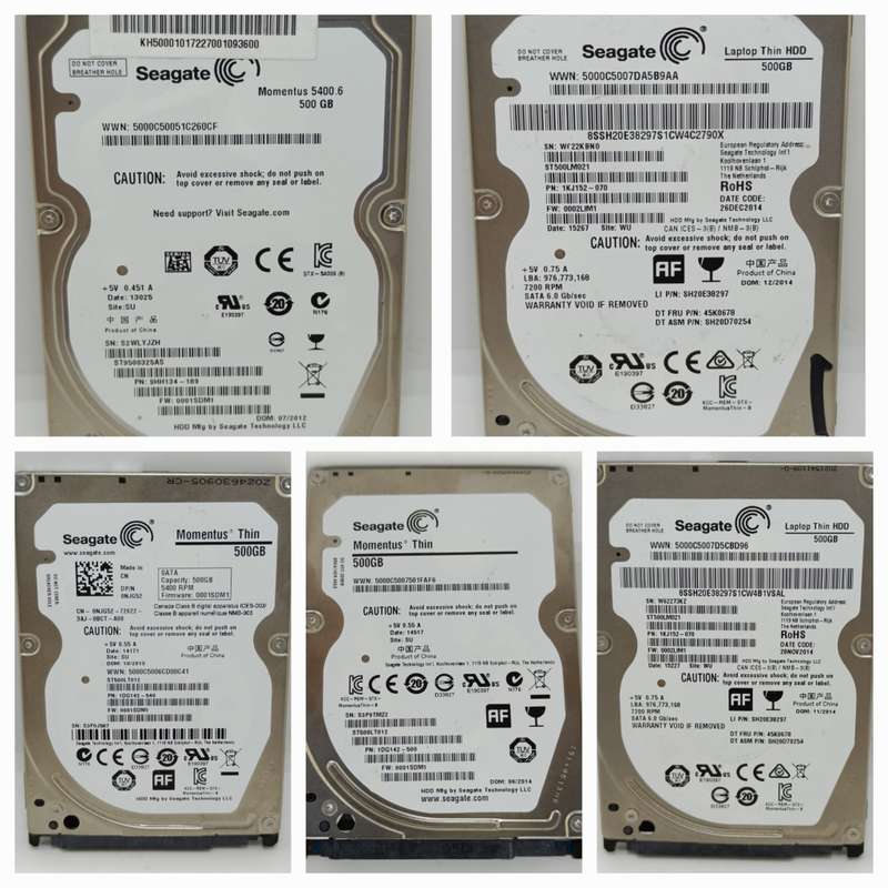 5 x Seagate 2.5` Laptop Hard drives, 500gig Sizes, one bid for all, as per pictures
