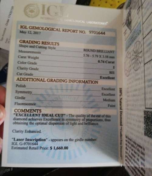 Wow!!! 0.74ct Natural Diamond, Colour i, si1, sertified, please see pictures