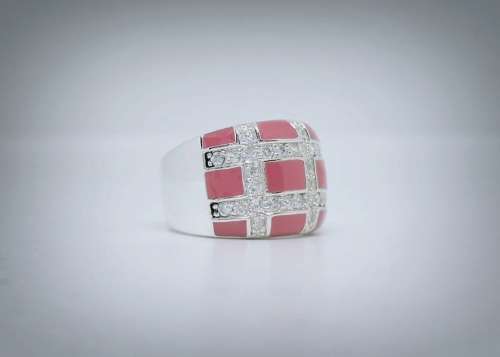 Solid 925 Silver Designer Ring with Pink Enamel and Cubic Zirconia's