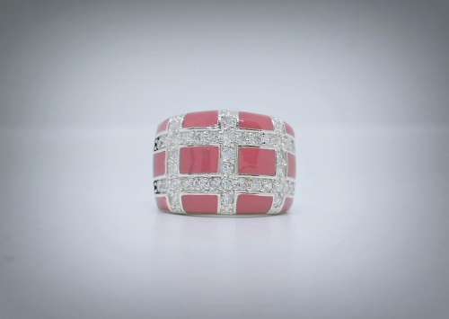 Solid 925 Silver Designer Ring with Pink Enamel and Cubic Zirconia's