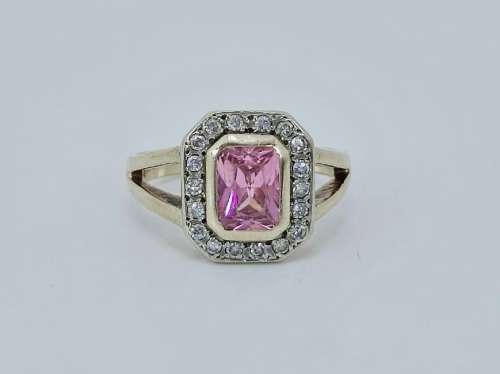 Solid 9ct Gold Designer Handmade Ring, With Natural Diamonds and Pink Gemstone