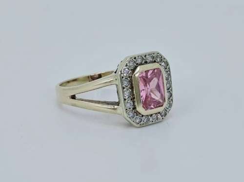 Solid 9ct Gold Designer Handmade Ring, With Natural Diamonds and Pink Gemstone