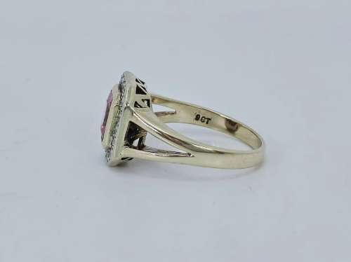 Solid 9ct Gold Designer Handmade Ring, With Natural Diamonds and Pink Gemstone