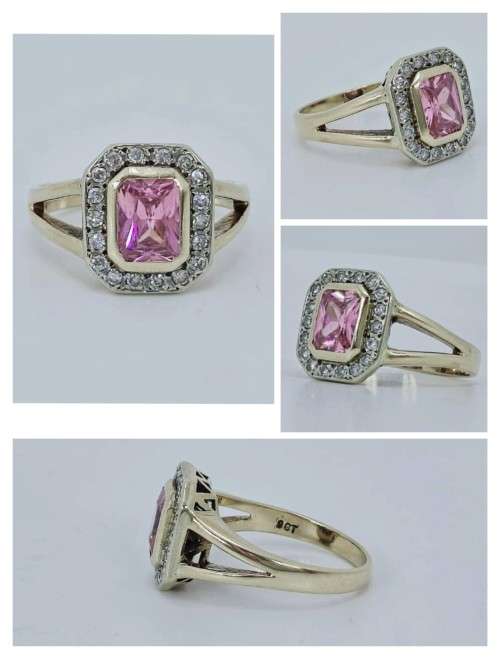 Solid 9ct Gold Designer Handmade Ring, With Natural Diamonds and Pink Gemstone