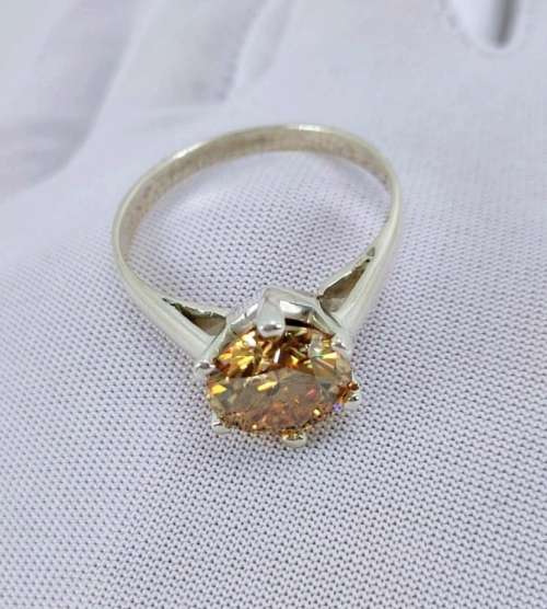 Solid 925 Silver Handmade Moissanite Designer Solitaire Ring, Fancy Cognac Color Gemstone!!!!