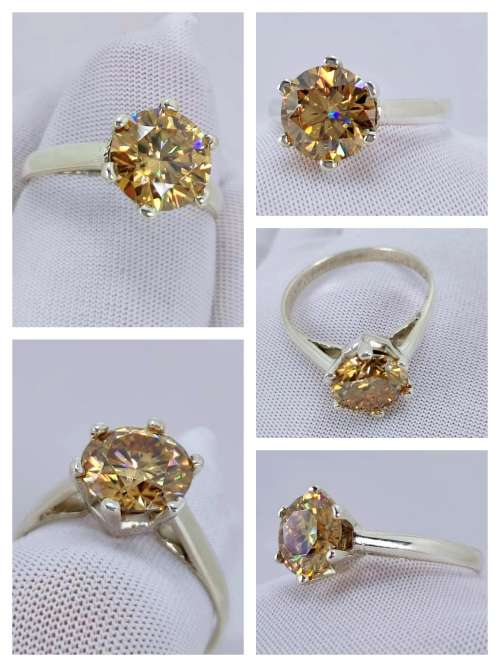 Solid 925 Silver Handmade Moissanite Designer Solitaire Ring, Fancy Cognac Color Gemstone!!!!