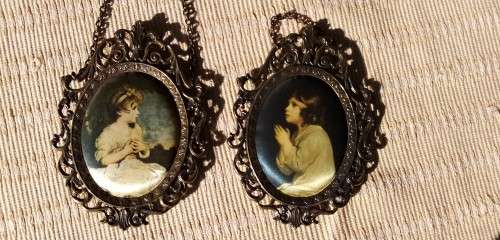 Vintage brass painting or photo frames Italy with paintings on silk