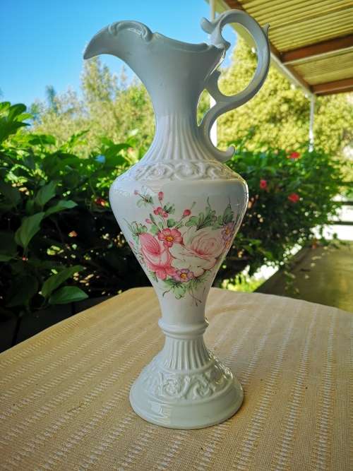Unusually elegant 44cm tall Capodimonted (Italy) pitcher / vase decorated in Redoute botanical sytle