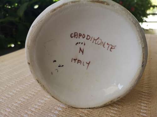 Unusually elegant 44cm tall Capodimonted (Italy) pitcher / vase decorated in Redoute botanical sytle