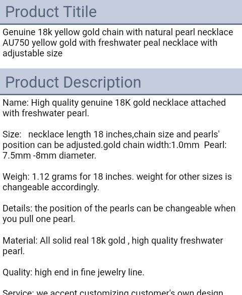 Gnuine 18k yellow gold chain with natural pearl necklace AU750 yellow gold with freshwater peal neck
