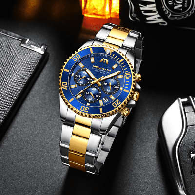 Megalith Mens Chronograph Watch Gold Silver Steel Blue Analog Quartz 12HR Dial Business