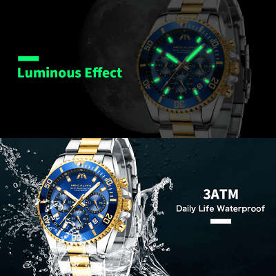 Megalith Mens Chronograph Watch Gold Silver Steel Blue Analog Quartz 12HR Dial Business