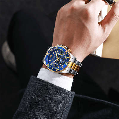 Megalith Mens Chronograph Watch Gold Silver Steel Blue Analog Quartz 12HR Dial Business