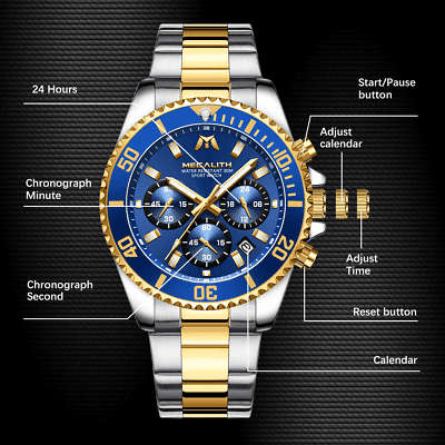 Megalith Mens Chronograph Watch Gold Silver Steel Blue Analog Quartz 12HR Dial Business