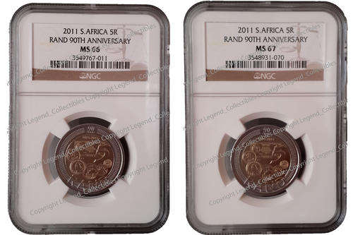 2011 S.A. Reserve Bank 90th Anniversary R5 NGC Graded MS66 & MS67 * 3rd & 2nd Highest Grades! *
