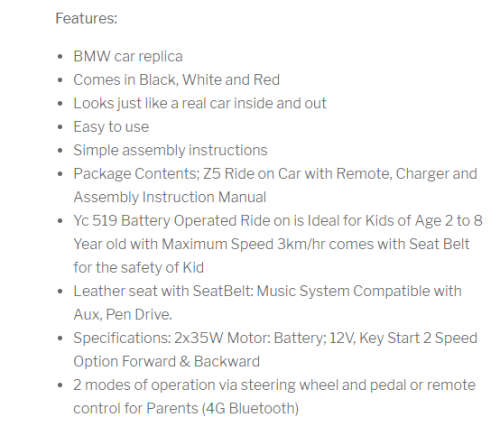 YC519 BMW KIDS RIDE CAR  WHITE WITH LOGOS