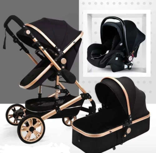 Baby Pram Stroller - 3 Function Foldable Baby Pram with Car Seat- Black & Gold Belecoo Brand