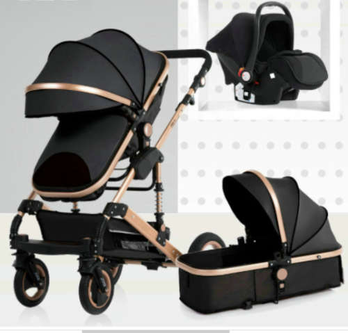 Baby Pram Stroller - 3 Function Foldable Baby Pram with Car Seat- Black & Gold Belecoo Brand