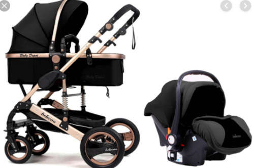 Baby Pram Stroller - 3 Function Foldable Baby Pram with Car Seat- Black & Gold Belecoo Brand
