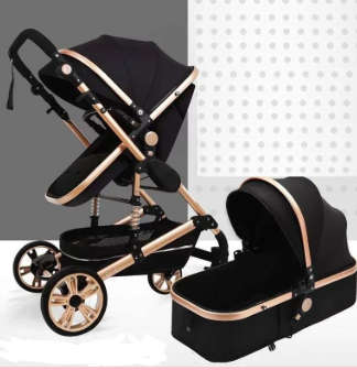 Baby Pram Stroller - 2 Function Foldable Baby Pram -Black & Gold