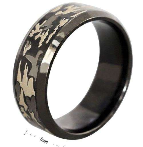 Stainless Steel 8mm Mens Ring Unisex Camouflage Camo Black Band. Size 13 / Size Z+1