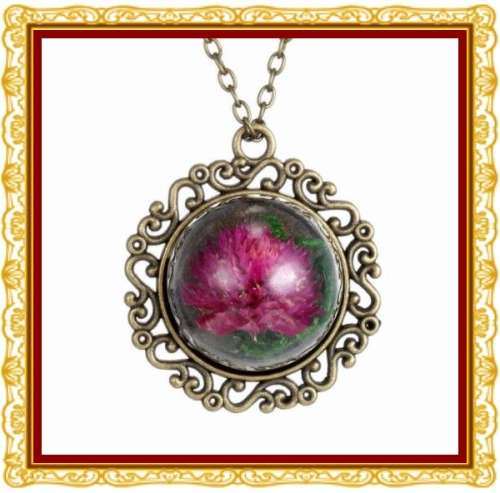 Dried Flowers Glass Dome Pendant Bronze Chain Necklace Jewelry