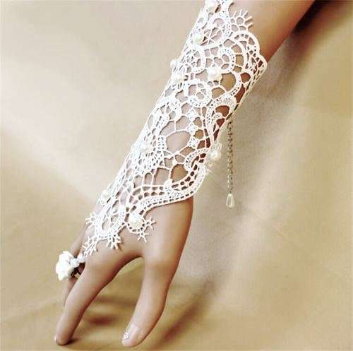 Crochet and Pearl Slave Bracelet and Ring. Adjustable Size.