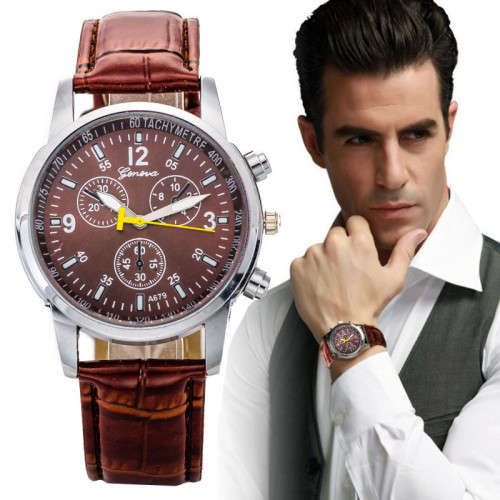 Men Wrist Watch Faux Crocodile Leather Quartz Analog Brown