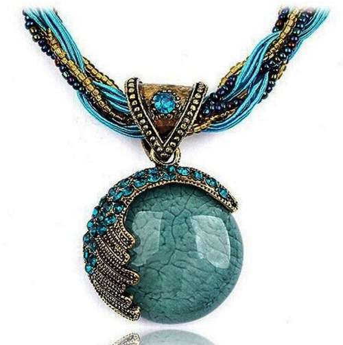 Chunky Cabochon Turquoise and Brass Bead Crystal Necklace
