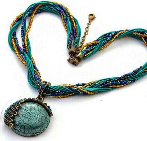 Chunky Cabochon Turquoise and Brass Bead Crystal Necklace