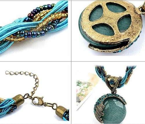 Chunky Cabochon Turquoise and Brass Bead Crystal Necklace