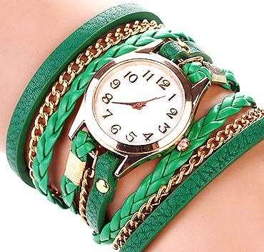 Green Wrap Golden Chains Wrist Watch Quartz Analog