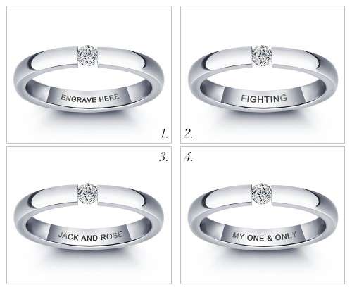ENGRAVED WITH "FOREVER". 0.11CT CZ 3MM WEDDING BAND. RING SIZE 5 (J 1/2)