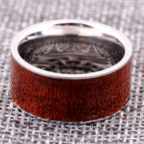 WIDE 10MM Wood inlay design 316L Stainless Steel Ring Band. Ring Size 10 / T+ / 20mm