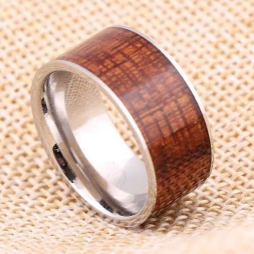 WIDE 10MM Wood inlay design 316L Stainless Steel Ring Band. Ring Size 10 / T+ / 20mm