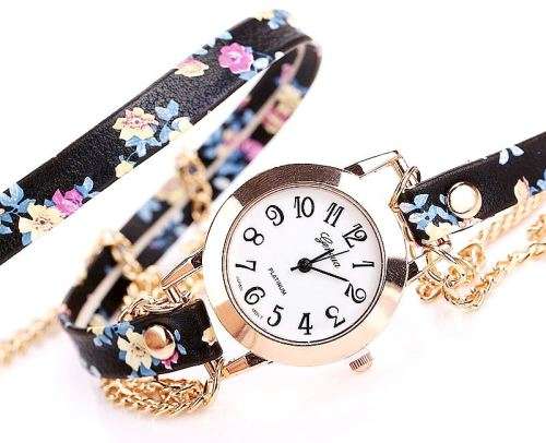 Flower Black Wrap Golden Chains Wrist Watch Quartz Analog